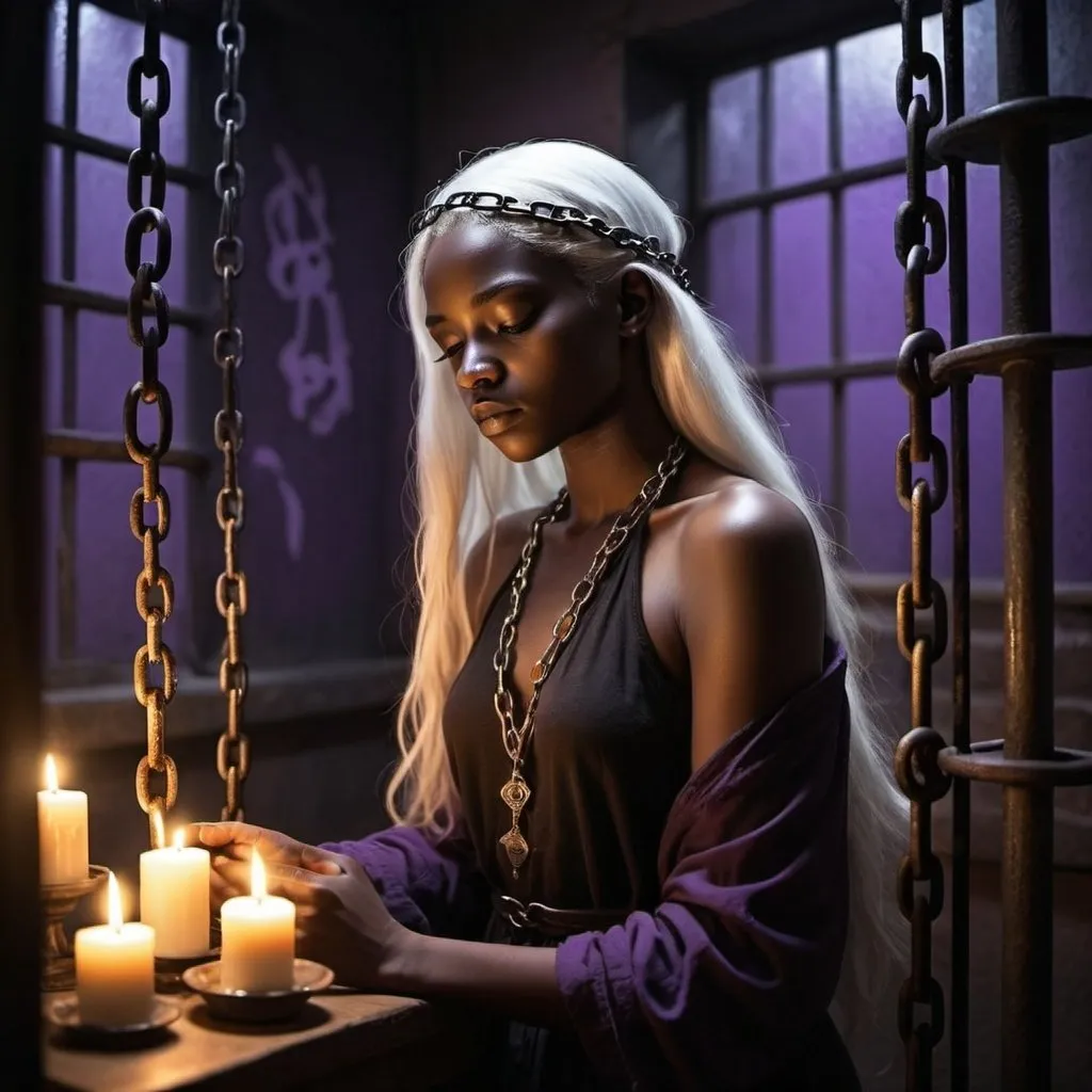 Prompt: Start with a dark jail bathed in a mysterious black light, creating a sense of confinement and secrecy. The jail should have intricate details like iron bars and chains, suggesting imprisonment or restraint, BREAK
In the center of this room, depict a (((beautiful))) darkskin androgen with long white hair, blindfolded with a black cloth. She should be in a prayerful pose, offering her prayers with an expression of serene solemnity. Her beautiful unique features, like alabaster skin and possibly discernible white hair, should stand out against the dark setting, BREAK
Include details like flickering candlelight in the foreground, casting a warm glow and creating shadows that dance across the girl and the room. The candlelight should provide the main source of illumination, adding to the mystical and somber atmosphere, BREAK
Apply a shallow focus effect to the image, where the girl and the nearest elements like the candlelight and some of the chains are in sharp focus, while the background, including parts of the room and some iron bars, softly blur into the purple light, BREAK
Ensure the overall atmosphere of the image is one of solemnity and mystery, with the androgen's sacred presence and the room's eerie ambiance synergistically creating a powerful visual narrative.