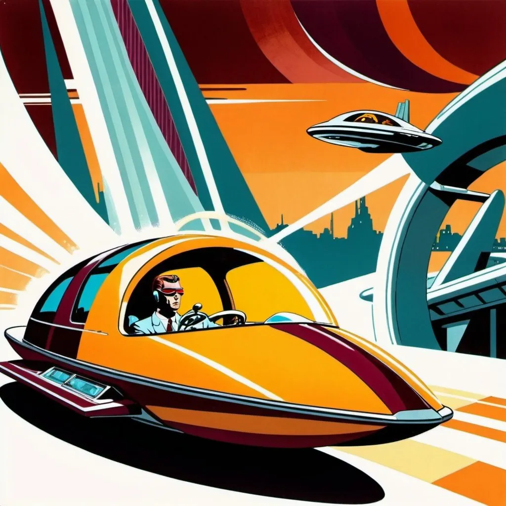 Prompt: Silk screen comic book illustration, a man dressed in amber and maroon who is driving a futuristic hovercar,science fiction background, 1960s retro futurism