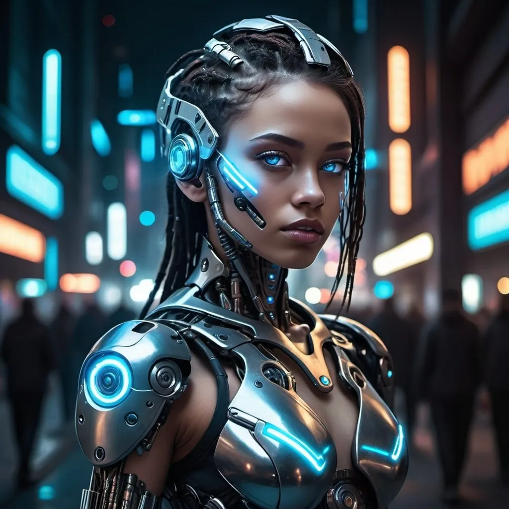 Prompt: "Cyborg girl with metallic features, glowing blue eyes, and futuristic attire, in a dystopian cityscape at night. Add a sense of mystery and intrigue with a dark color palette, neon lights, and cyberpunk elements. Emphasize the contrast between technology and humanity, blending organic and mechanical elements seamlessly. Capture the essence of a cybernetic world with detailed textures, intricate circuitry, and reflections on the metallic surfaces. Aim for a high-quality and visually captivating illustration that showcases the futuristic cyborg concept."