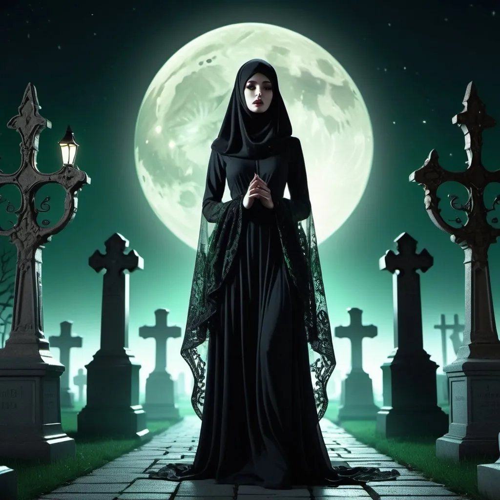 Prompt: A beautiful woman is walking in the middle of a cemetery, she's offering her hand, she's looking like a ghost,she has the head veiled with a black veil, shining bright, dressed in black with symmetrical designs and arabesques, adorned with pale green lights, fullmoon night scenario,masterpiece, highly detailed, 3d modelling, 4k resolution, abstract art, digital art, photographic