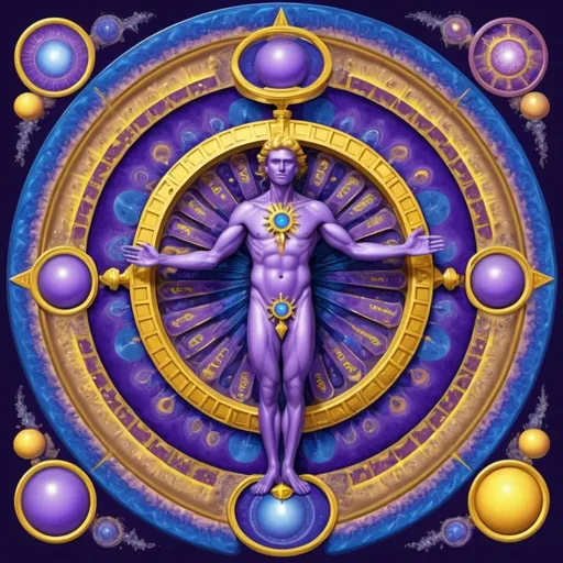 Prompt: A male human figure who personifyng The Wheel of Fortune, he's the the one who gain ascendance in the eternal cycle of life, full figure depiction,dressed in violet,blue, rich purple and bright blue rayed yellow, intelligence of conciliation, the Lord of the Forces of Life,Jupiter,1÷10×√(50)×tan(78)+125^(2)÷√(8.888), fractal,organic matter, cellular colony, deep wiew,ultra high resolution,hyperdetailed, masterpiece, 3d modelling, abstract art, digital art.