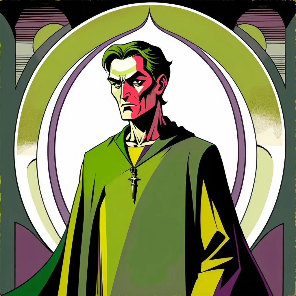 Prompt: A male human figure, who personifying the Prophet of the Eternal, in green yellowish, slate grey, green grey and plum colour, dramatic, graphic novel illustration,  2d shaded retro comic book 