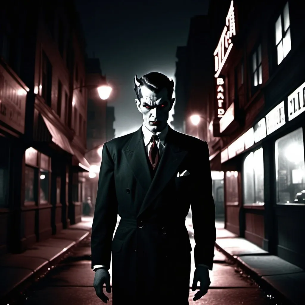Prompt: dim, night film noir photography, 
a sharp dressed demon,  three quarter wiew, battlefield scenario lovely, merciless, ignominous and pale, sweet, digital art, 1950s, city background, shadows