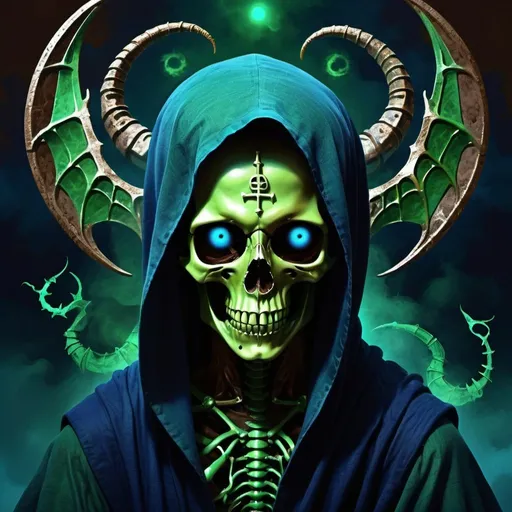 Prompt: The Death, dressed in green blue,dull brown, very dark brown and livid indigo , imaginative intelligence , The Child of the Great Changer, The 
Lord of the Gate of Death, Scorpio, Caza art, digital art