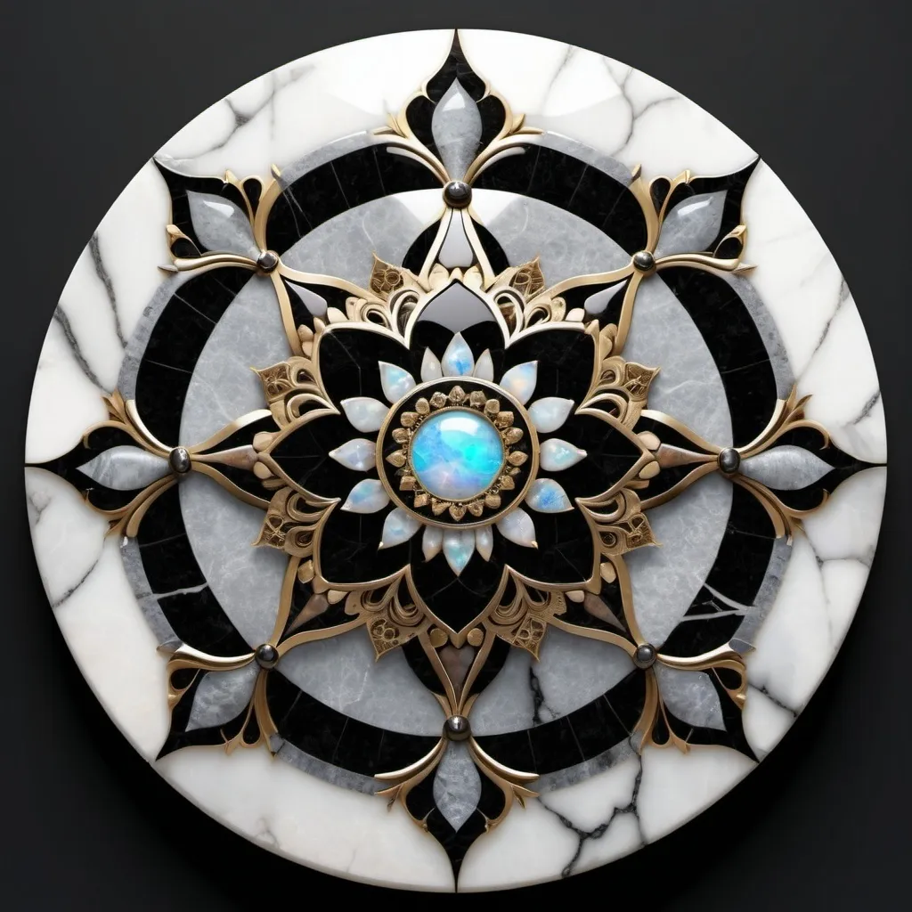 Prompt: 193^(3),a plain surface of stone,((polished stone)), realistic,(( white marble stone)),((black venatures)),((light grey sfumatures)),(( realistic colour)) natural design. Incastonated in the center of the stone there is a mosaic that is a ((mandala)) made of quartz, opal and topaz. The mandala figure originates from a eight pointed star and has a fractal design.photographic,ultra high resolution,hyperdetailed, masterpiece, 3d modelling.