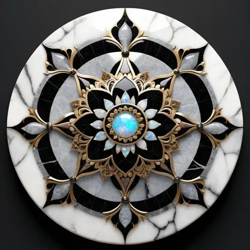 Prompt: 193^(3),a plain surface of stone,((polished stone)), realistic,(( white marble stone)),((black venatures)),((light grey sfumatures)),(( realistic colour)) natural design. Incastonated in the center of the stone there is a mosaic that is a ((mandala)) made of quartz, opal and topaz. The mandala figure originates from a eight pointed star and has a fractal design.photographic,ultra high resolution,hyperdetailed, masterpiece, 3d modelling.