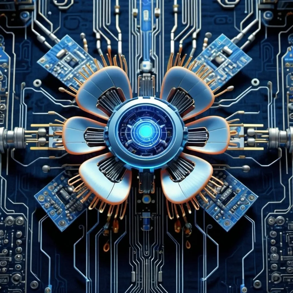 Prompt: A robotic flower is growing on a tapestry of circuits, relentless,blue energy aura,pure, supernatural,highly detailed, 4k resolution, masterpiece,futuristic factory scenario,digital art, Druillet art, 1980s 