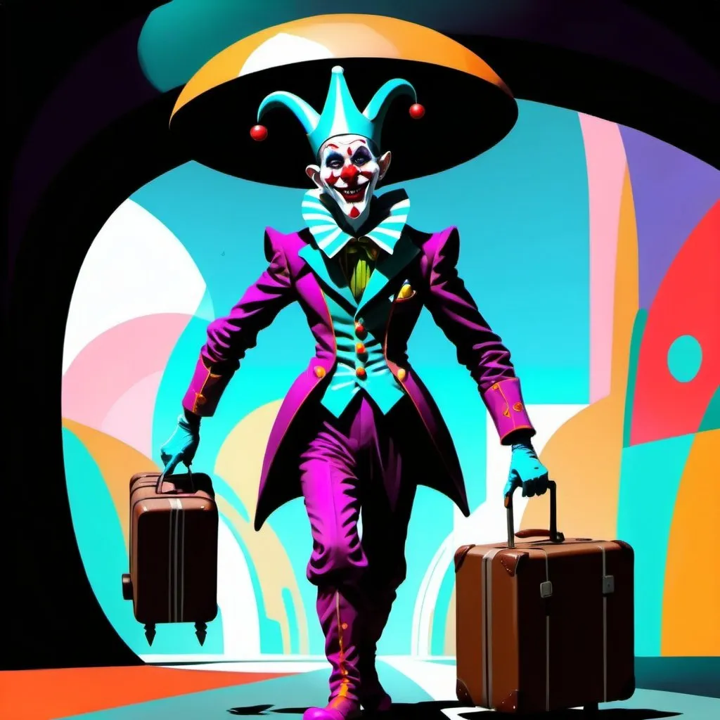 Prompt: A futuristic crazy jester wandering around carrying a suitcase, digital art, science-fiction, pulp style