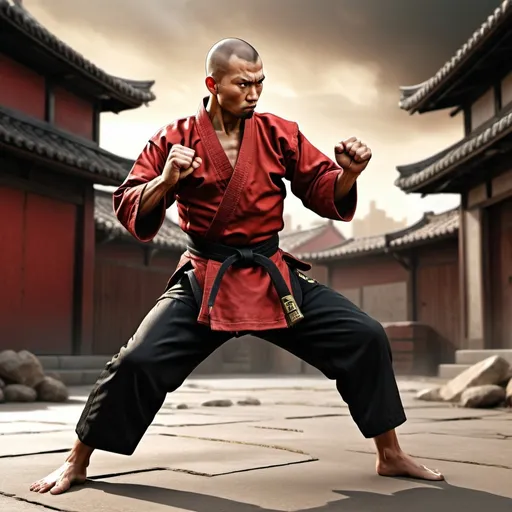 Prompt: a master of martial arts,displaying his own skills. ((conflict, aggressive,destructive,fighter)),((black, red, golden brass)),(( Full figure wiew)). ((Three quarter wiew)),((deep wiew)),modern suburbs scenario background,photographic,ultra high resolution,hyperdetailed, masterpiece, 3d modelling, digital art.