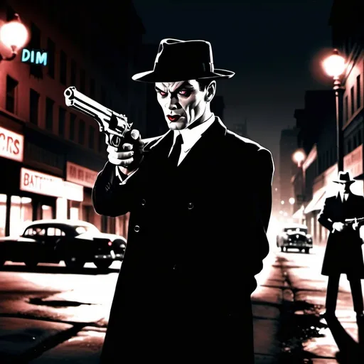 Prompt: dim, night film noir photography, 
a sharp dressed demon is shooting with an handgun,  three quarter wiew, battlefield scenario lovely, merciless, ignominous and pale, sweet, digital art, 1950s, city background, shadows