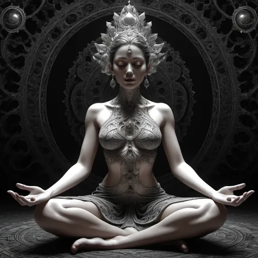 Prompt: At the heart of darkeness sits the art of killing. It is hideous and malevolent, no light you will find here.What you are coming to pray here, if here there is no faith? Who you want to beg, if no mercy is known here?.((fractal)), (( figure of a beautiful woman who sits in the lotus asana)),((deep wiew)),photographic,ultra high resolution,hyperdetailed, masterpiece, 3d modelling, abstract a art.