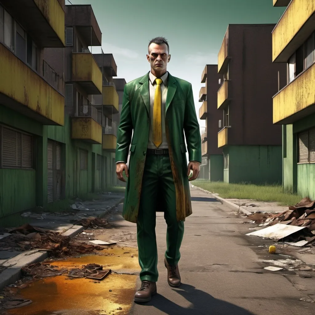 Prompt: A modern everyday man, displaying his own power, ((corruption, entropy, decay, resilient, master of toxins)), (full figure view), (three quarter view), (deep view), (modern suburbs scene), (dark green, rusted brown, yellow greenish), (photorealistic), ultra HD, hyper-detailed, (3D modeling), digital art, masterpiece. Dramatic ambiance highlighting urban decay, illuminated streets casting shadows, subtle textures creating an atmosphere of resilience amidst corruption.