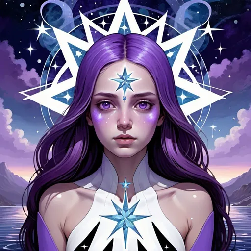 Prompt: The Star, dressed in violet, sky blue, blueish mauve and white tinged purple, natural intelligence, the Daughter of the Firmament, the Dweller between the Waters, Aquarius, Caza art, digital art