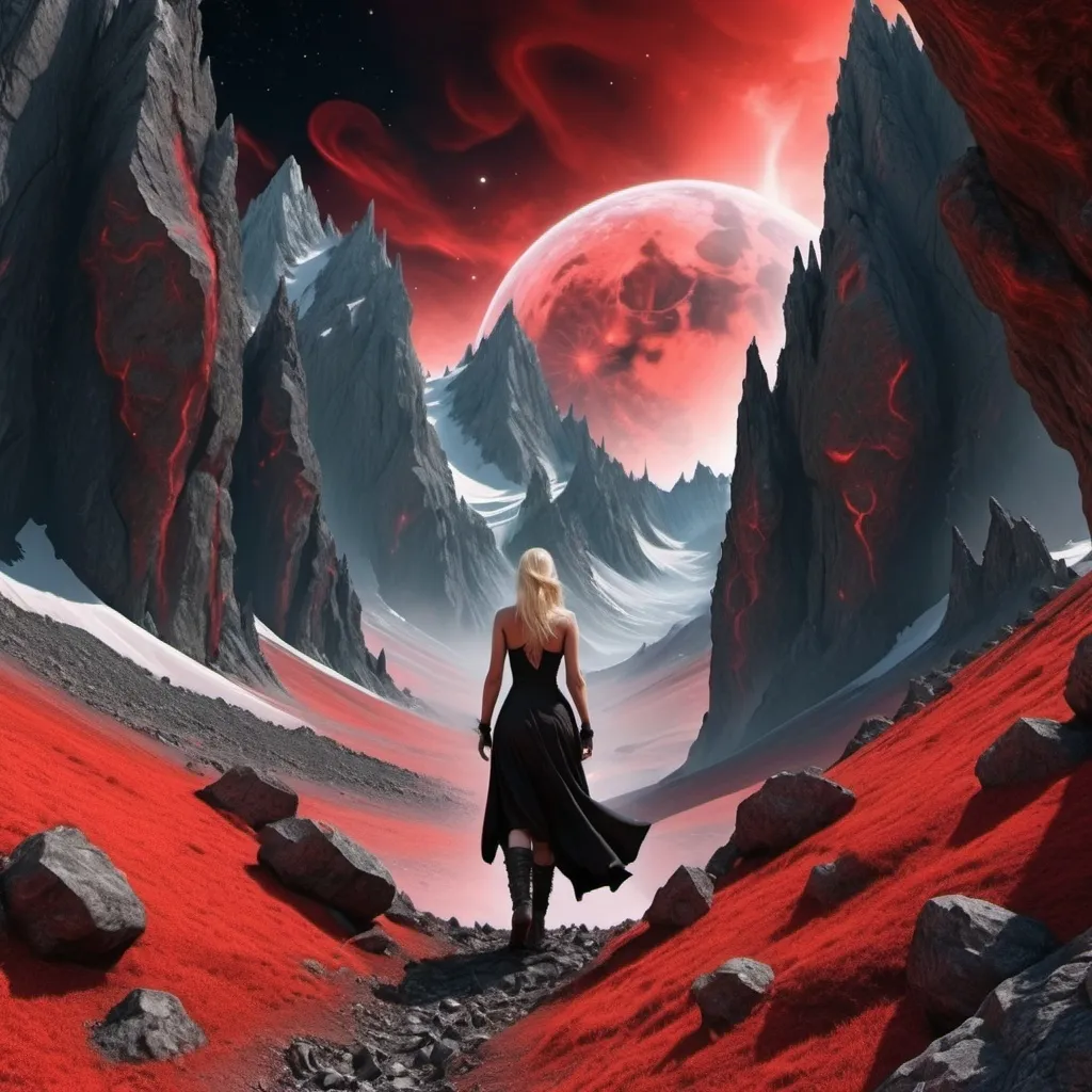 Prompt: π×(9+2+3)^(2)+1123369853, a beautiful woman is walking trough a rocky mountains scenario. She is a warrior and she is dressed in black and scarlet. She is blonde and has((demonic eyes)),((dark energy aura)),three quarter wiew, ((fractal environment)),((deep wiew)),((changing perspectives)), warped space background, rocky mountains scenario,photographic,ultra high resolution,hyperdetailed, masterpiece, 3d modelling, abstract art.