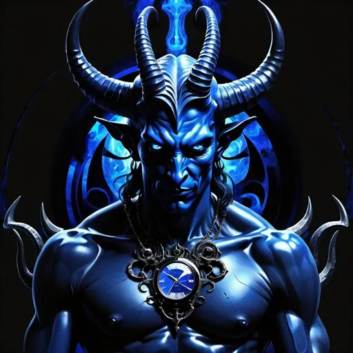 Prompt: The Devil, dressed in indigo, black, blue black and cold dark grey, renovating intlligence, the Lord of the Gates of Matter, the Child of the Forces of Time, Capricorn, Caza art, digital art