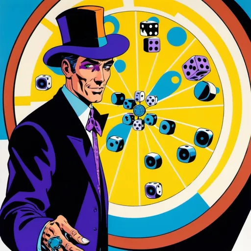 Prompt: Silk screen comic book illustration,a futuristic gambler dressed in violet and blue is standing in front of a big wheel and he's rolling two dices, 1960s retro futurism