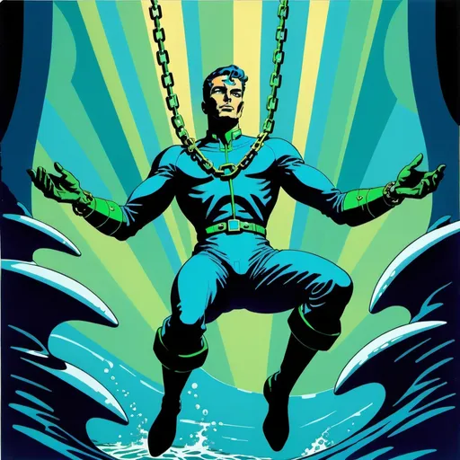 Prompt: Silk screen comic book illustration, a futuristic man dressed in deep blue and sea green is haging on a chain and suspended over the waters, detailed,1960s retro futurism