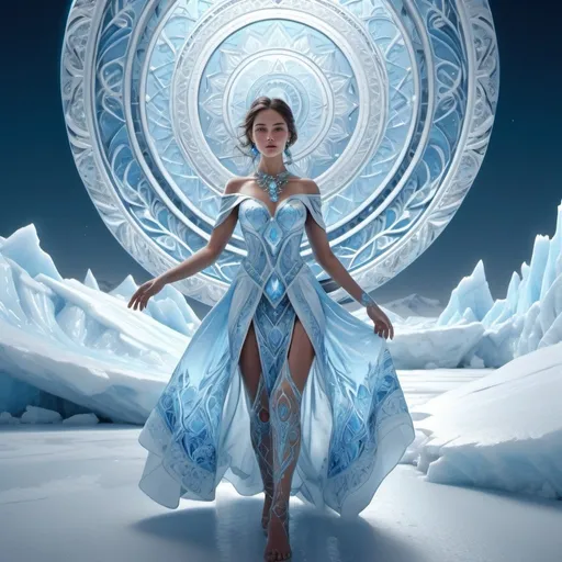 Prompt: A beautiful woman is walking in the middle of a glacier, she's offering her hand, she's looking like ice, pale blue, white and azure, shining bright, dressed with symmetrical designs and arabesques, adorned with blue lights, masterpiece, highly detailed, 3d modelling, 4k resolution, abstract art, digital art, photographic