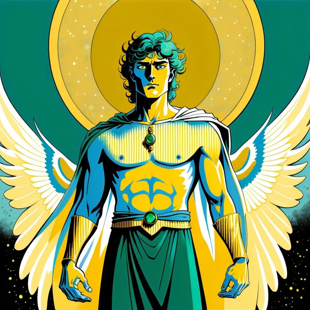 Prompt: A male human figure who personifying the Spirit of the Aethyr, in bright pale yellow, sky blue, blue emerald green and emerald flecked gold, digital art, dramatic, graphic novel illustration,  2d shaded retro comic book