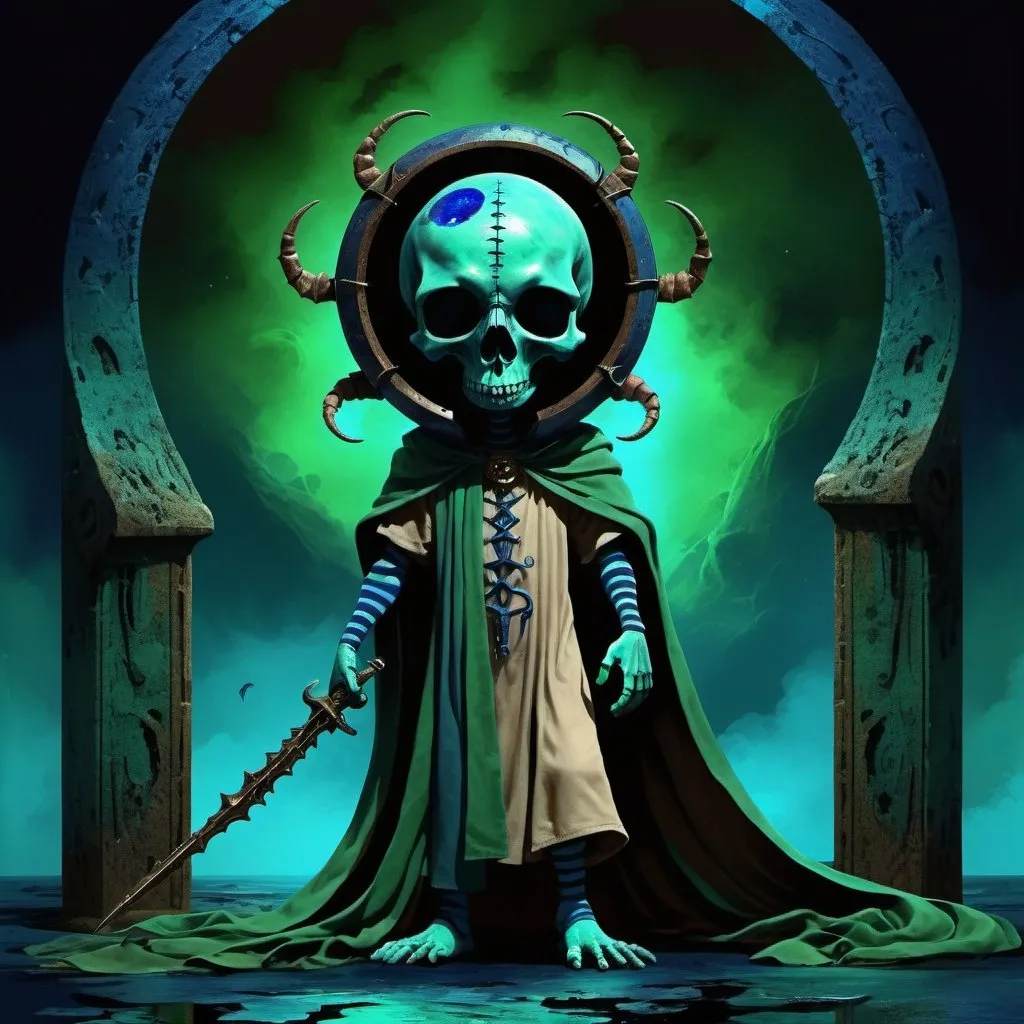Prompt: The Death, dressed in green blue,dull brown, very dark brown and livid indigo , imaginative intelligence , The Child of the Great Changer, The 
Lord of the Gate of Death, Scorpio, Caza art, digital art