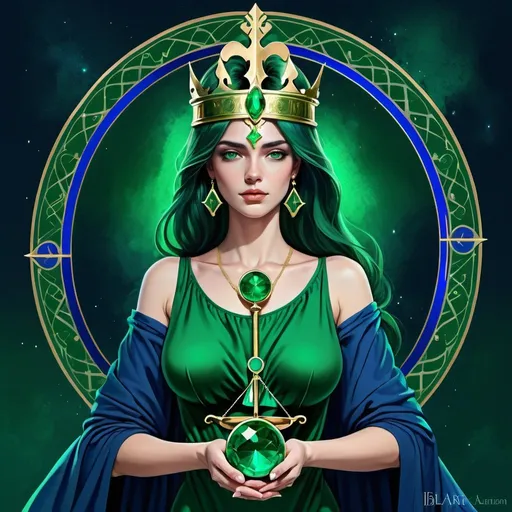 Prompt:  The Justice, dressed in emerald green,blue, deep blue green and pale green, faithful intelligence , The Daughter of the Lords of Truth,The 
Ruler of the Balance , Libra, Caza art, digital art