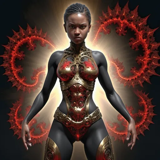 Prompt:  a young lady,displaying her own power. ((conflict, aggressive,destructive,fighter)),((black, red, golden brass)),(( Full figure wiew)). ((Three quarter wiew)).((fractal)),((deep wiew)),modern suburbs scenario background,photographic,ultra high resolution,hyperdetailed, masterpiece, 3d modelling, digital art.