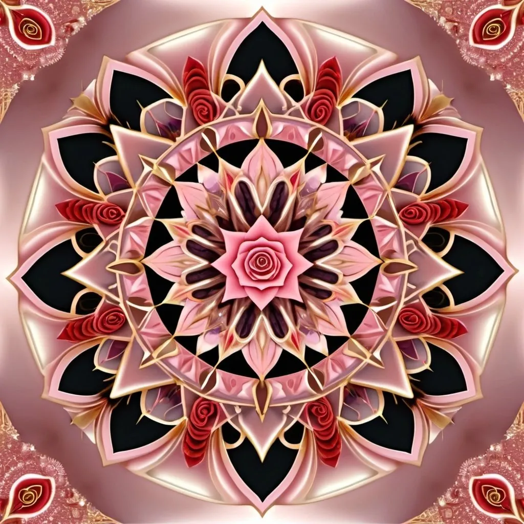 Prompt: A beautiful mandala that is starting from a eight pointed star in the center, growing like organic flesh, pale pink, scarlet and gold,like a living organism, shining bright, growing in symmetrical designs and arabesques, adorned with roses, digital art, masterpiece, highly detailed, 3d modelling, 4k resolution, abstract art, digital art, photographic