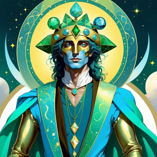 Prompt: the Fool, dressed in sky blue, bright pale yellow, blue emerald green and emerald flecked gold, scintillating intelligence, the Spirit of the Aethyr, Air, Caza art, digital art