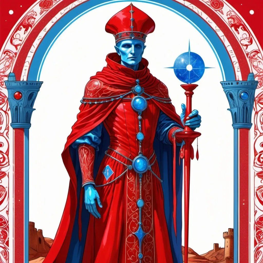 Prompt: A human figure who personifying the tarot of The Tower, dressed in scarlet, red, venetian red and bright red rayed azure, exciting intelligence, the Lord of the Hosts of the Mighty, Mars, Caza art, digital art