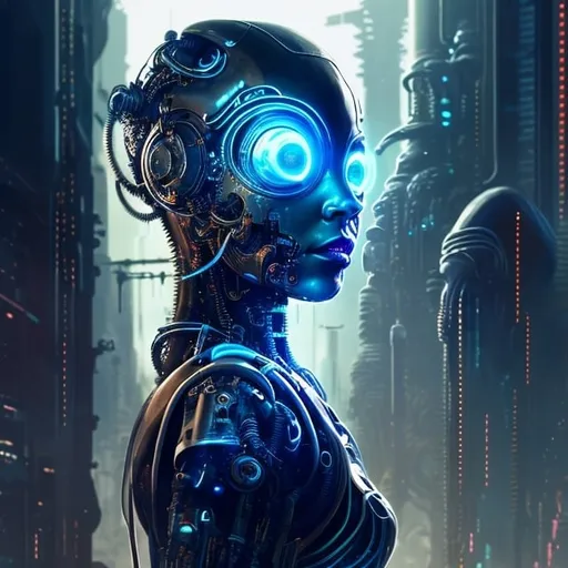 Prompt: "Cyborg girl with metallic features, glowing blue eyes, and futuristic attire, in a dystopian cityscape at night. Add a sense of mystery and intrigue with a dark color palette, neon lights, and cyberpunk elements. Emphasize the contrast between technology and humanity, blending organic and mechanical elements seamlessly. Capture the essence of a cybernetic world with detailed textures, intricate circuitry, and reflections on the metallic surfaces. Aim for a high-quality and visually captivating illustration that showcases the futuristic cyborg concept."