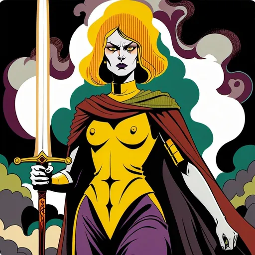 Prompt: A female human figure, who personifying the Daughter of the Flaming Sword, in yellow greenish, deep purple, grey and reddish amber, dramatic, graphic novel illustration,  2d shaded retro comic book 