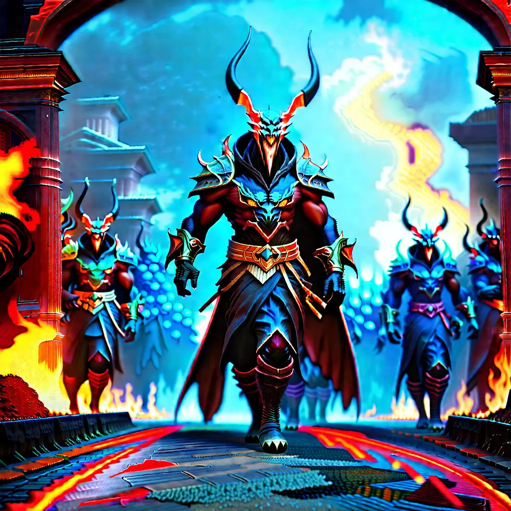 Prompt: The legion of the demons is marching forward through the gates of hell, evil, eternal devastation, wrathful,those you left behind, dark colours, masterpiece, highly detailed, 4k resolution,  3d modelling, digital art