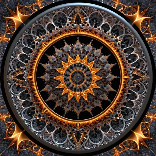 Prompt: π×(7+8+9)^(2)+6.666.666, an incandescent mandala made of metal and granite,frontal wiew, fractal,((deep wiew)),((changing perspectives)),photographic,ultra high resolution,hyperdetailed, masterpiece, 3d modelling, abstract art.