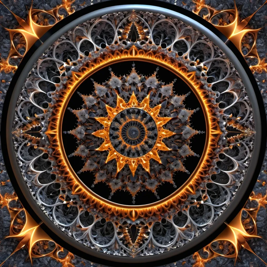 Prompt: π×(7+8+9)^(2)+6.666.666, an incandescent mandala made of metal and granite,frontal wiew, fractal,((deep wiew)),((changing perspectives)),photographic,ultra high resolution,hyperdetailed, masterpiece, 3d modelling, abstract art.