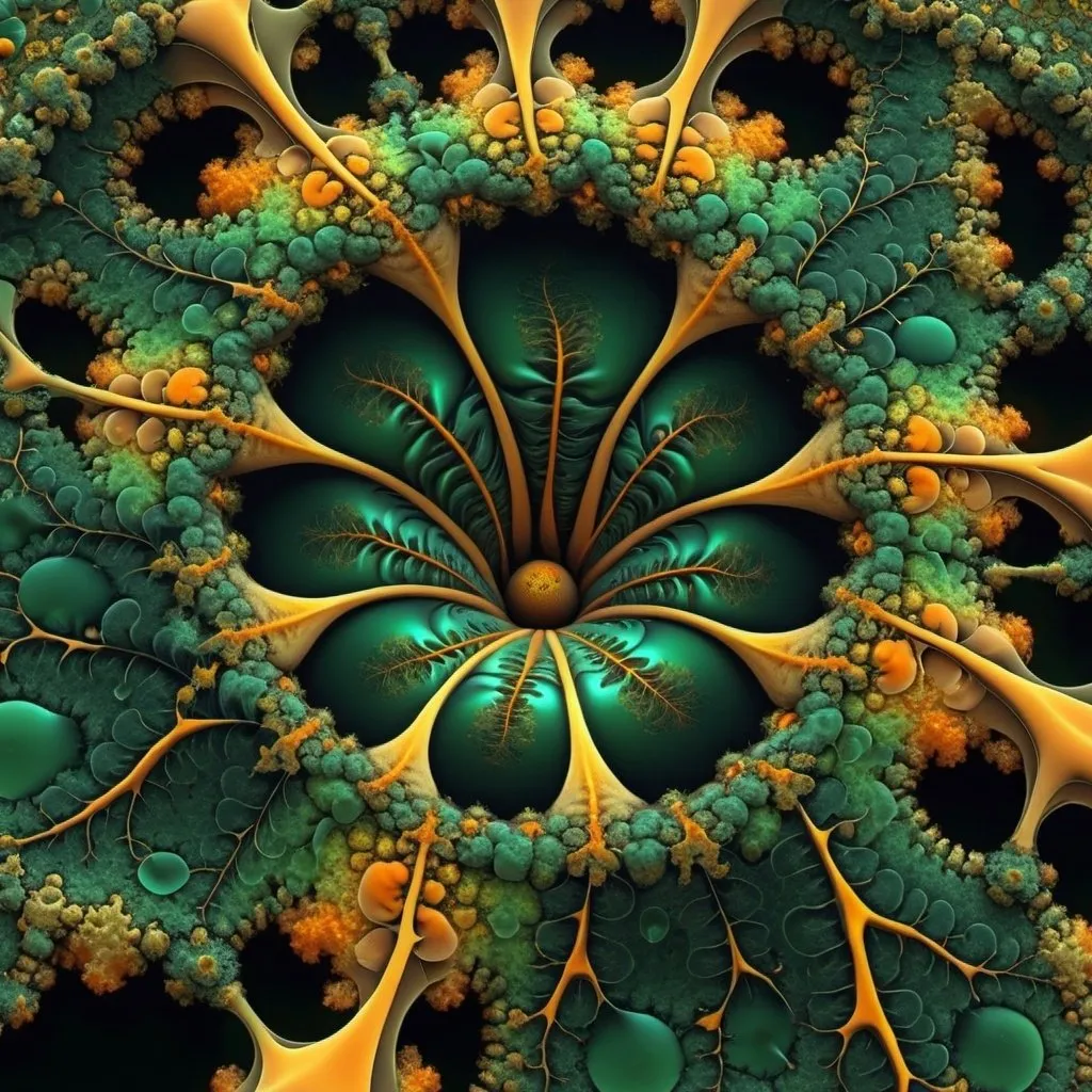 Prompt: 17+√(777×tan(17+17), fractal, supposed to rot,dark green, yellow greenish and pale orange, organic matter, cellular colony, deep wiew,4k resolution,hyperdetailed, masterpiece, 3d modelling, abstract art, digital art