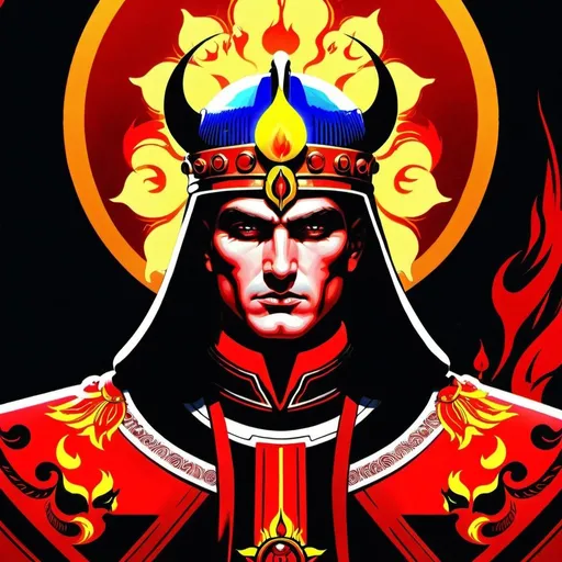 Prompt: The Emperor, dressed in red, scarlet, brilliant flame and glowing red, constituiting intelligence, The Son of the Morning, chief among the 
Mighty, Aries,  Caza art, digital art