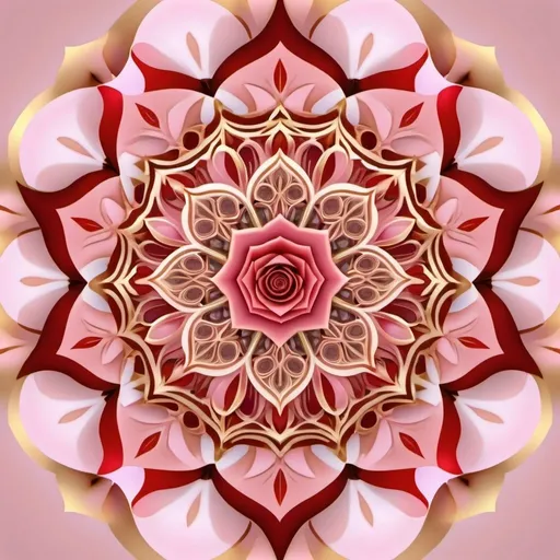 Prompt: A beautiful mandala that is starting from a eight pointed star in the center, growing like organic flesh, pale pink, scarlet and gold,like a living organism, shining bright, growing in symmetrical designs and arabesques, adorned with roses, digital art, masterpiece, highly detailed, 3d modelling, 4k resolution, abstract art, digital art, photographic