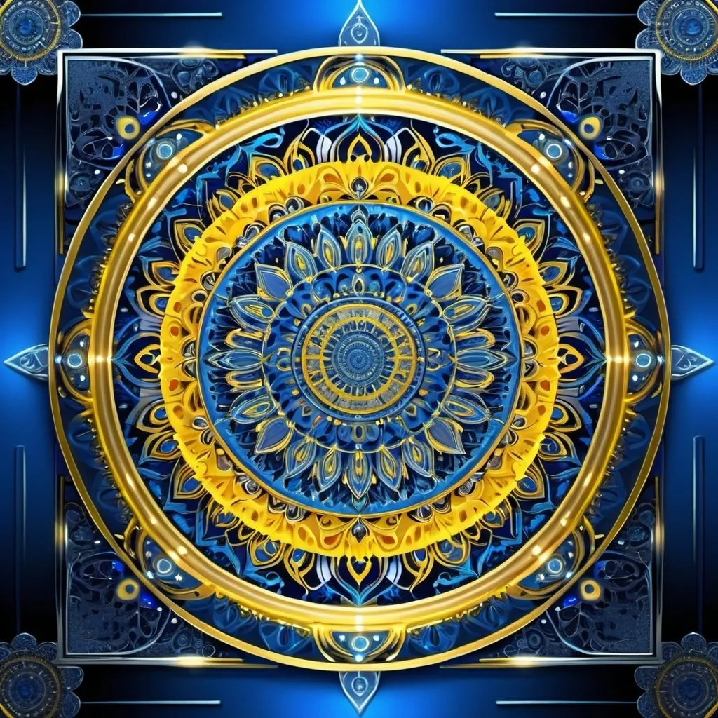 Prompt: A beautiful mandala that is starting from a square in the center, growing in electric blue light and chromed circuitry flecked with yellow,shining bright, growing in symmetrical designs and arabesques, adorned with silver, digital art, masterpiece, highly detailed, 4k resolution, abstract art, oriental art, digital art, photographic
