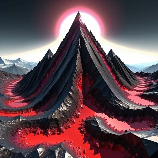 Prompt: π×(9+2+3)^(2)+1123369853, a mountain made of obsidian and ruby,three quarter wiew, fractal, divergent perspective focal point,((deep wiew)),((changing perspectives)), warped space background, rocky mountains scenario,photographic,ultra high resolution,hyperdetailed, masterpiece, 3d modelling, abstract art.