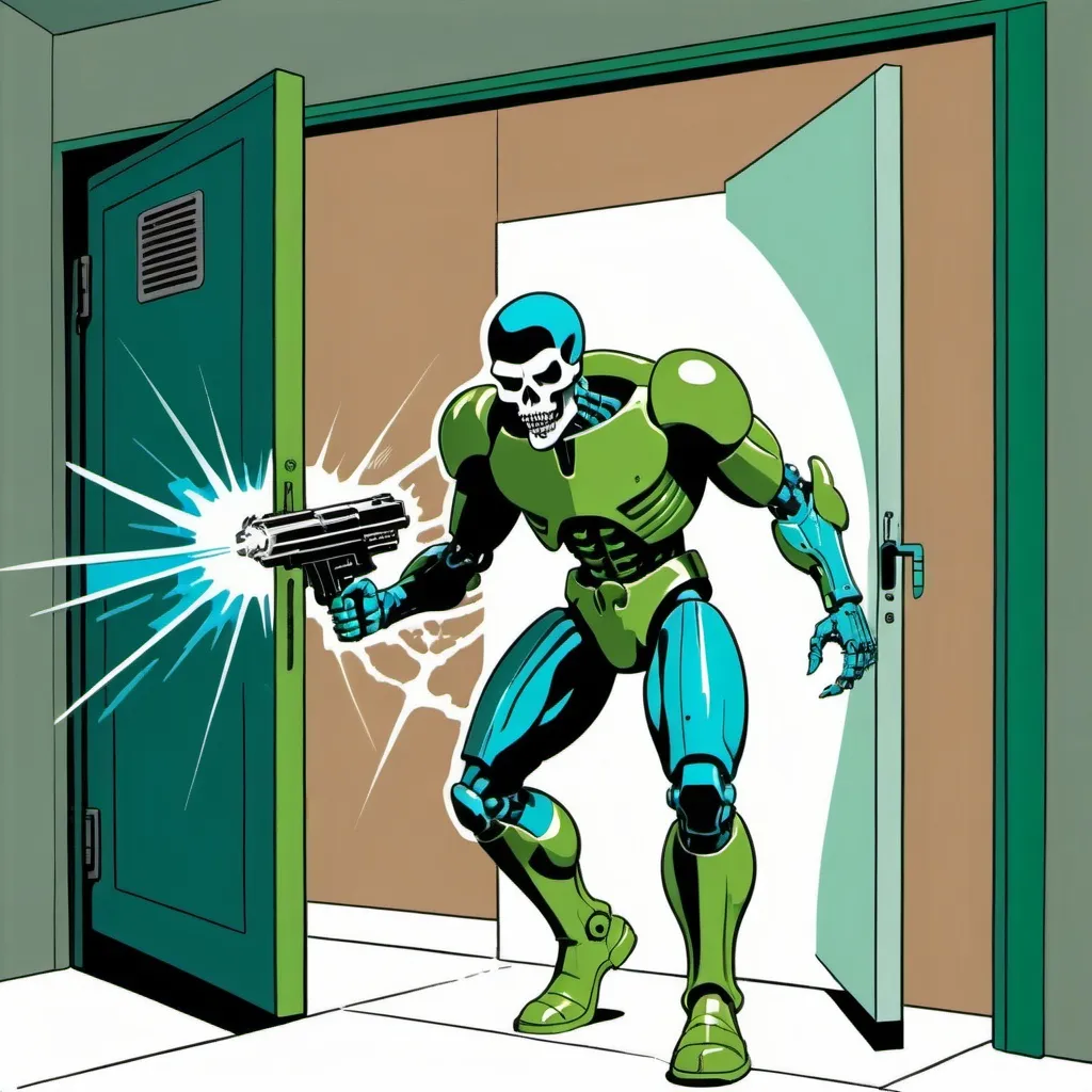 Prompt: Silk screen comic book illustration, A cyborg with a skull head is coming out from a door and firing with an energy weapon, dressed in green blue and dull brown, 1960s retro futurism