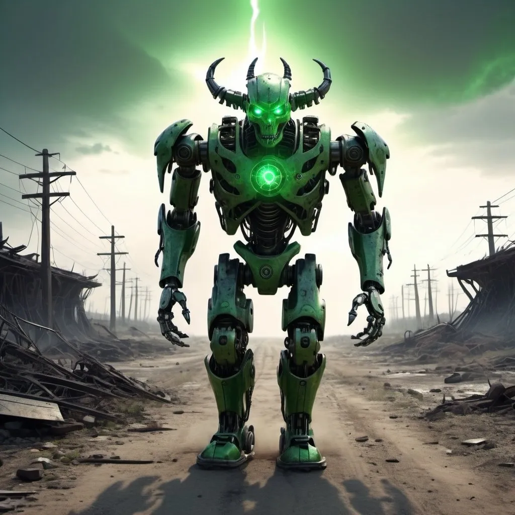 Prompt: A robotic demon is walking ahead, relentless,green energy aura,the end complete, supernatural,highly detailed, 4k resolution, masterpiece,wasteland scenario,digital art

