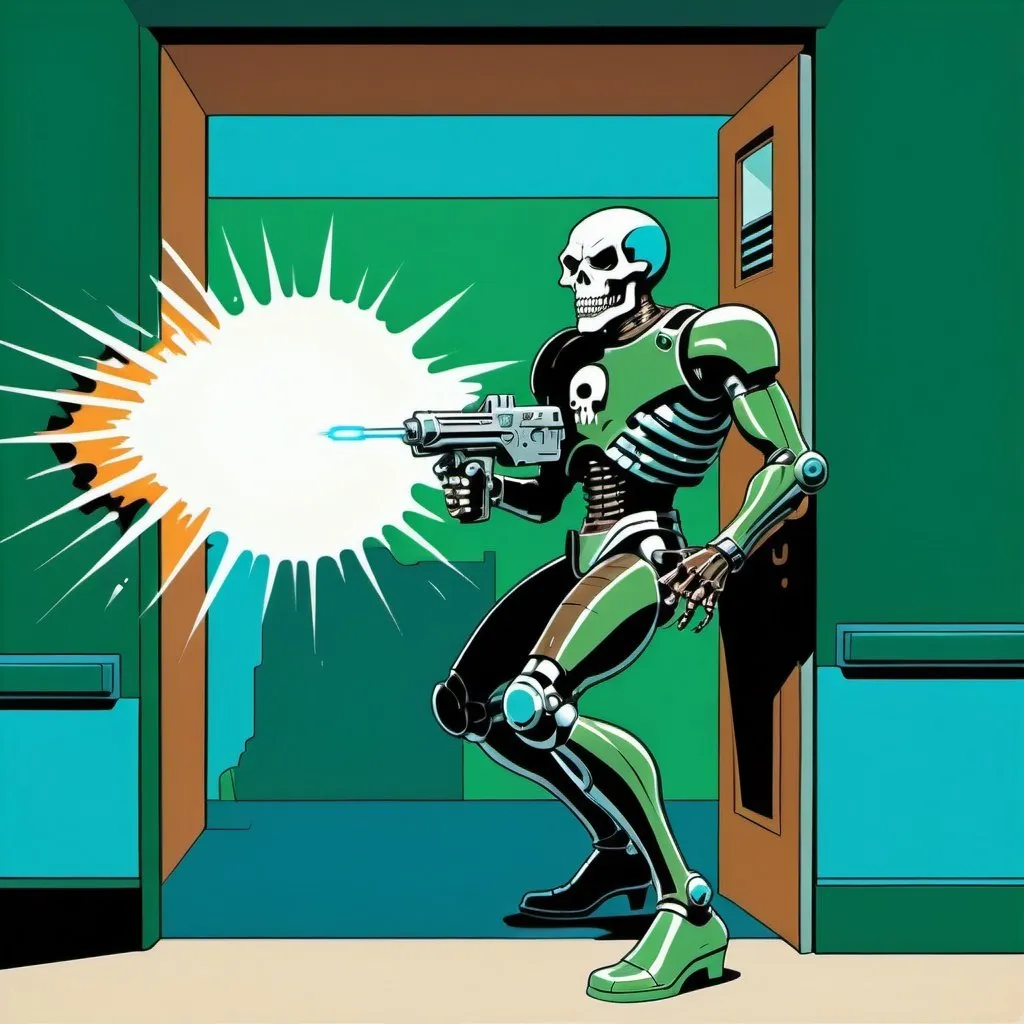 Prompt: Silk screen comic book illustration, A cyborg with a skull head is coming out from a door and firing with an energy weapon, dressed in green blue and dull brown, 1960s retro futurism