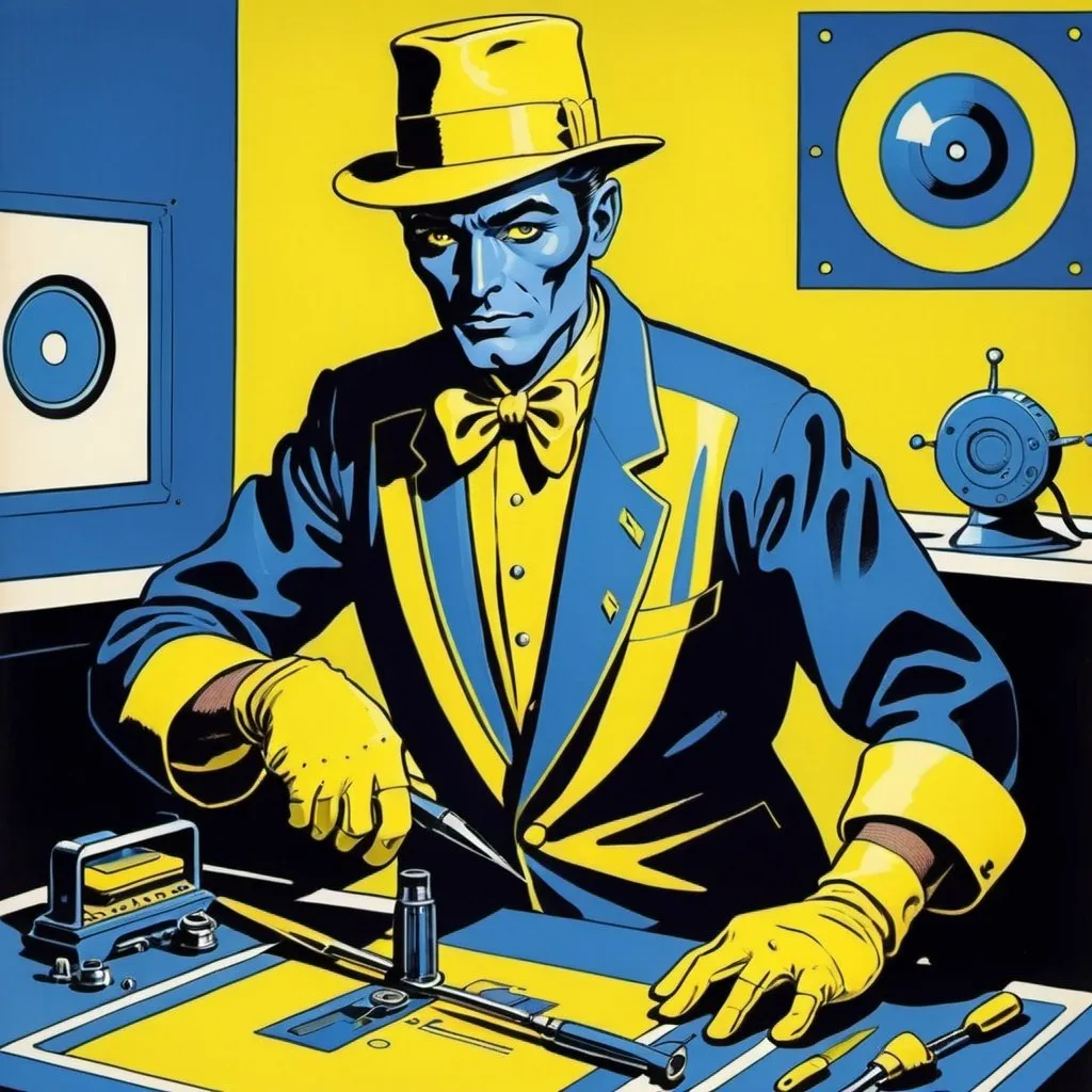 Prompt: Silk screen comic book illustration, A technological magician dressed in indigo and yellow who is displaying his art using his tools,1960s retro futurism