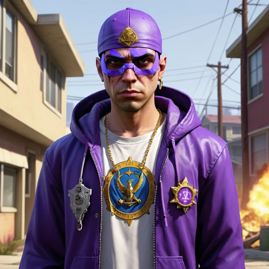 Prompt:  Tzeentch as a young criminal from GTA V,displaying his own power. ((changing, knowledge, defiance, plotting, foreseeing)),((violet,blue,purple)),(( Full figure wiew)). ((Three quarter wiew)).((deep wiew)),modern suburbs scenario background,photographic,ultra high resolution,hyperdetailed, masterpiece, 3d modelling, digital art.