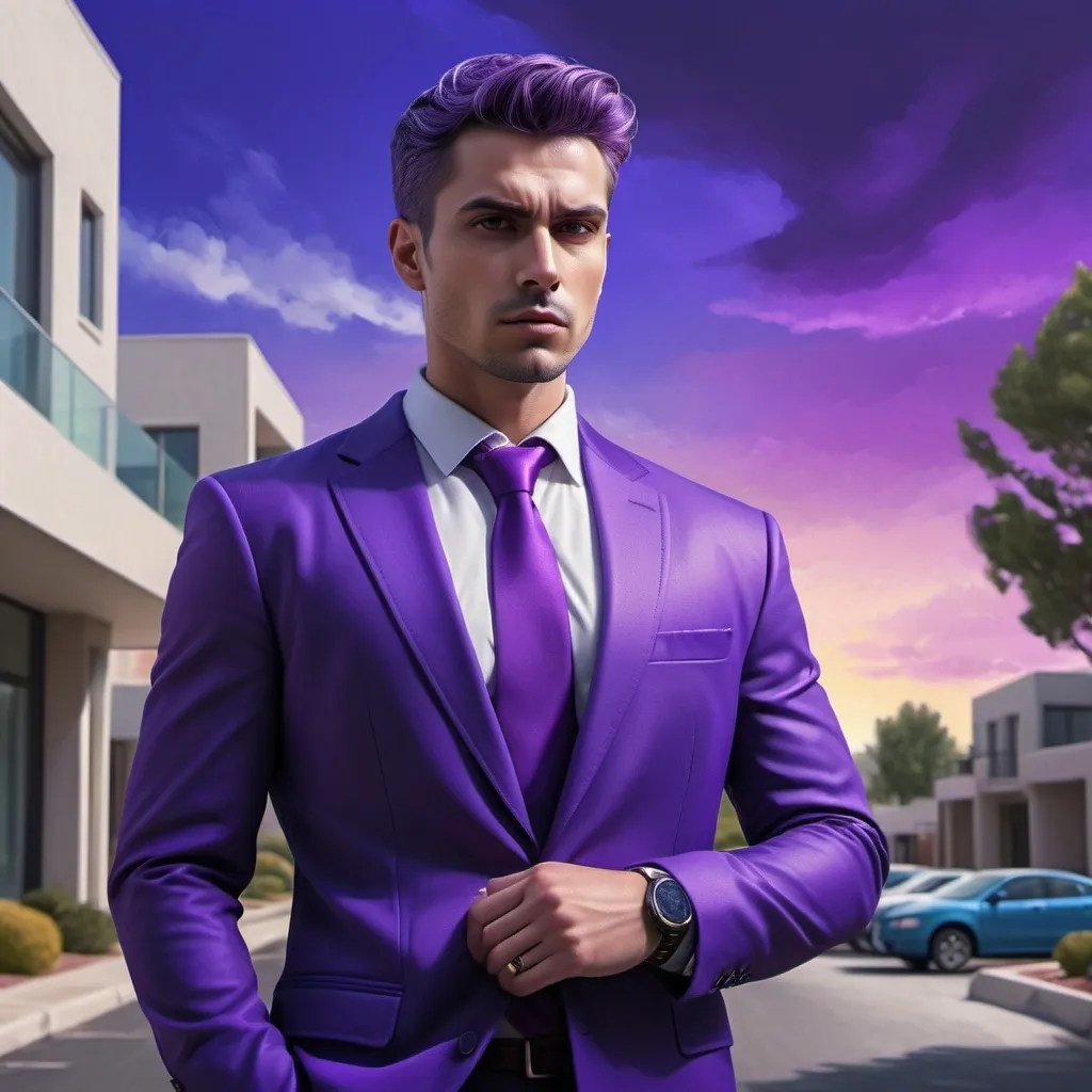 Prompt: A modern everyday man,displaying his own power. ((changing, knowledge, defiance, plotting, foreseeing)),((violet,blue,purple)),(( Full figure wiew)). ((Three quarter wiew)).((deep wiew)),modern suburbs scenario background,photographic,ultra high resolution,hyperdetailed, masterpiece, 3d modelling, digital art.