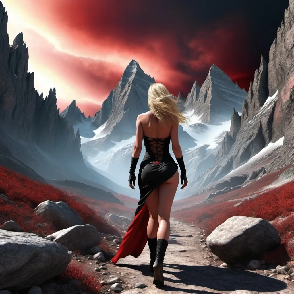 Prompt: π×(9+2+3)^(2)+1123369853, a beautiful woman is walking trough a rocky mountains scenario. She is a warrior and she is dressed in black and scarlet. She is blonde and has((demonic eyes)),((dark energy aura)),three quarter wiew, fractal,((deep wiew)),((changing perspectives)), warped space background, rocky mountains scenario,photographic,ultra high resolution,hyperdetailed, masterpiece, 3d modelling, abstract art.