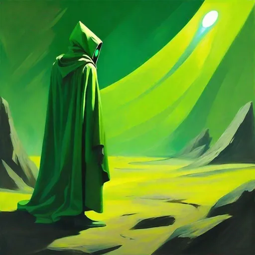 Prompt: √(2×4)+5^(2),a futuristic hermit dressed with a green yellowish cloke and cowl is standing in the wilderness bearing a light , expressionism, vibrant use light shadow