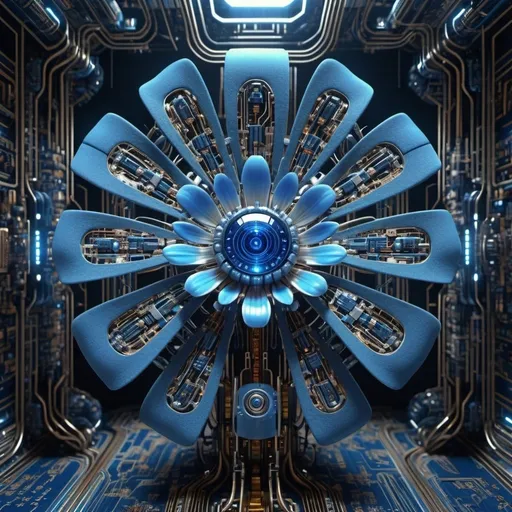Prompt: A robotic flower is growing on a tapestry of circuits, relentless,blue energy aura,pure, supernatural,highly detailed, 4k resolution, masterpiece,futuristic factory scenario,digital art, Druillet art, 1980s 