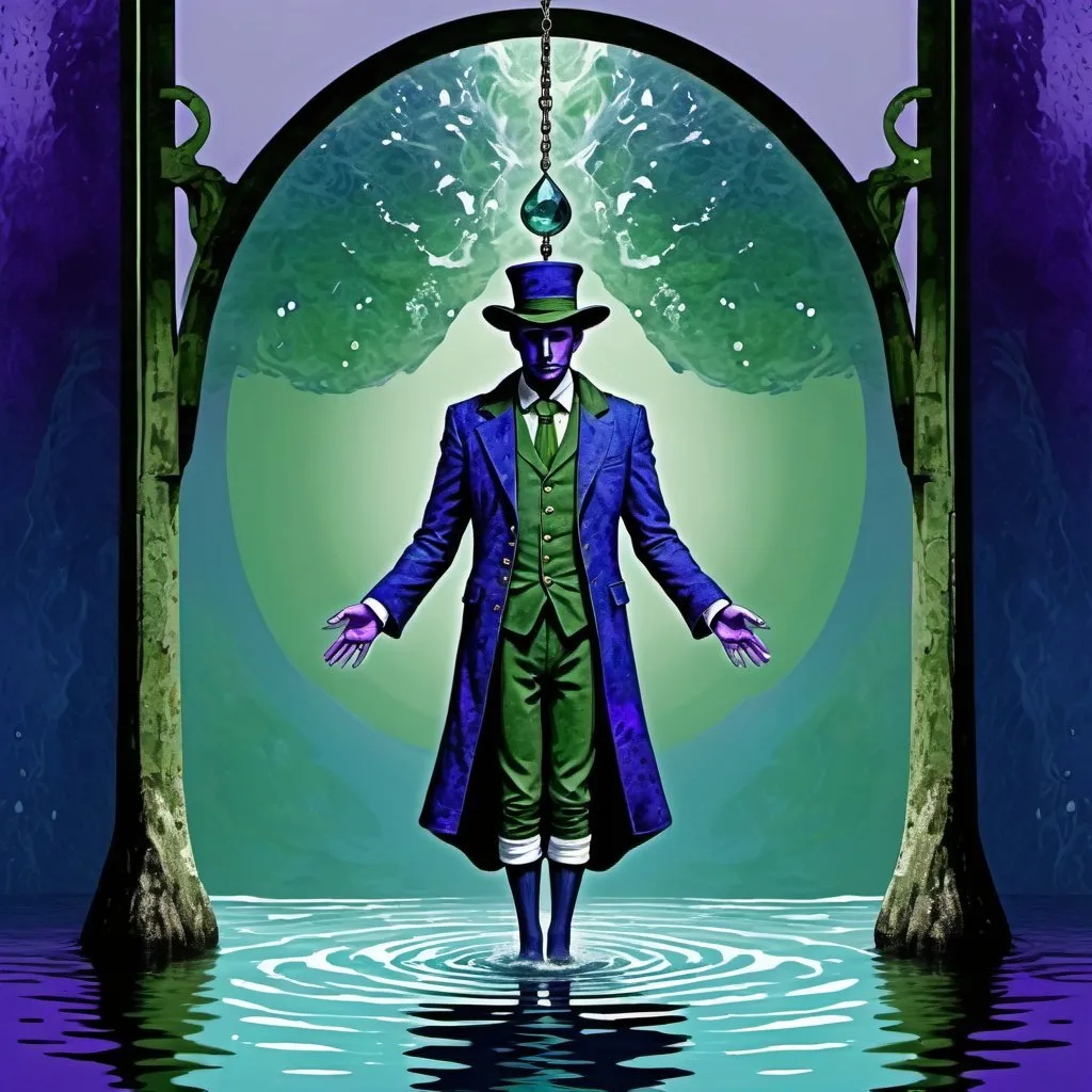 Prompt:  The Hanged Man, dressed in deep blue,sea green, deep olive green and white flecked purple, stable intelligence , the Spirit of the Mighty Waters, water, Caza art, digital art