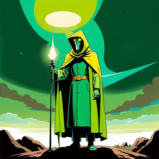 Prompt: Silk screen comic book illustration, a futuristic hermit dressed with a green yellowish cloke and cowl is standing in the wilderness bearing a light , 1960s retro futurism